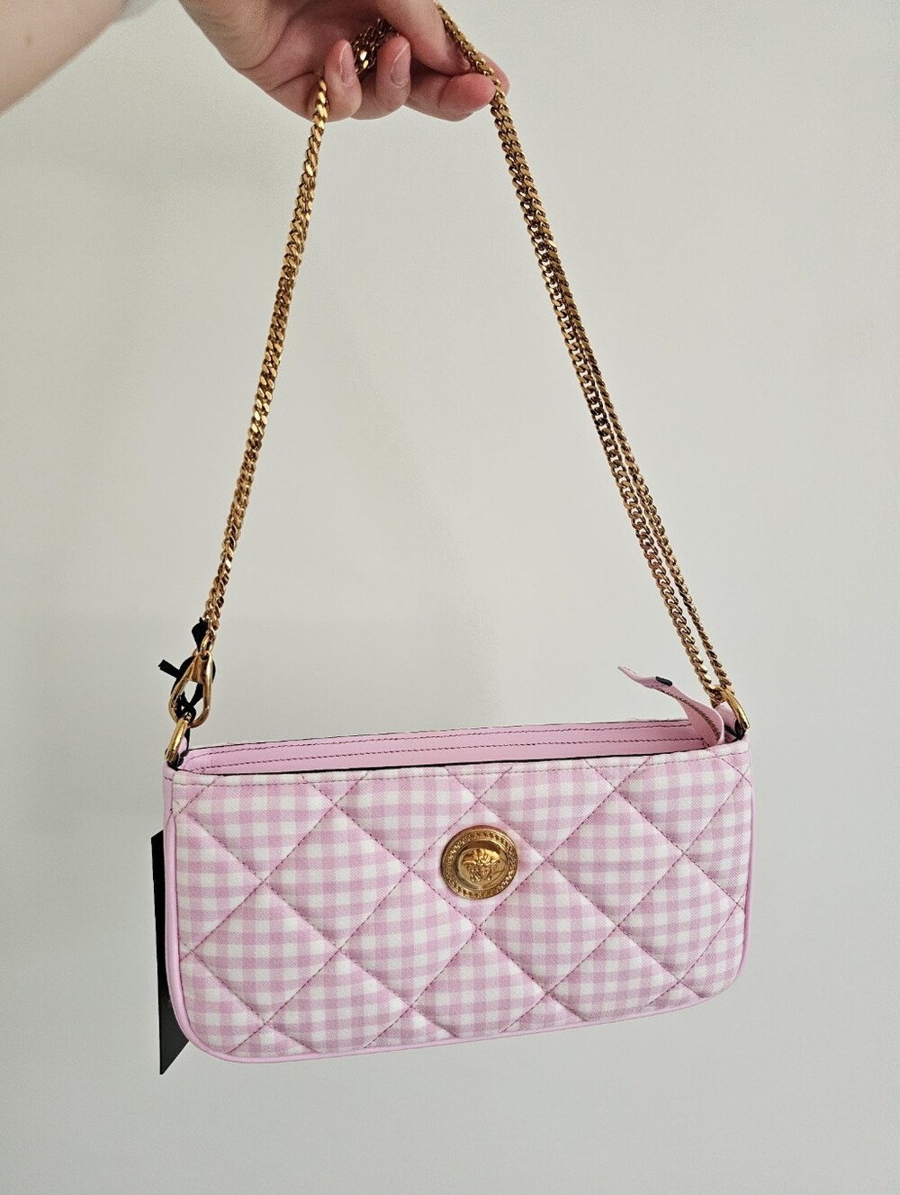 NWT Versace Pink Quilted Gingham Shoulder or Crossbody Bag with Gold Chain - Picture 4 of 16